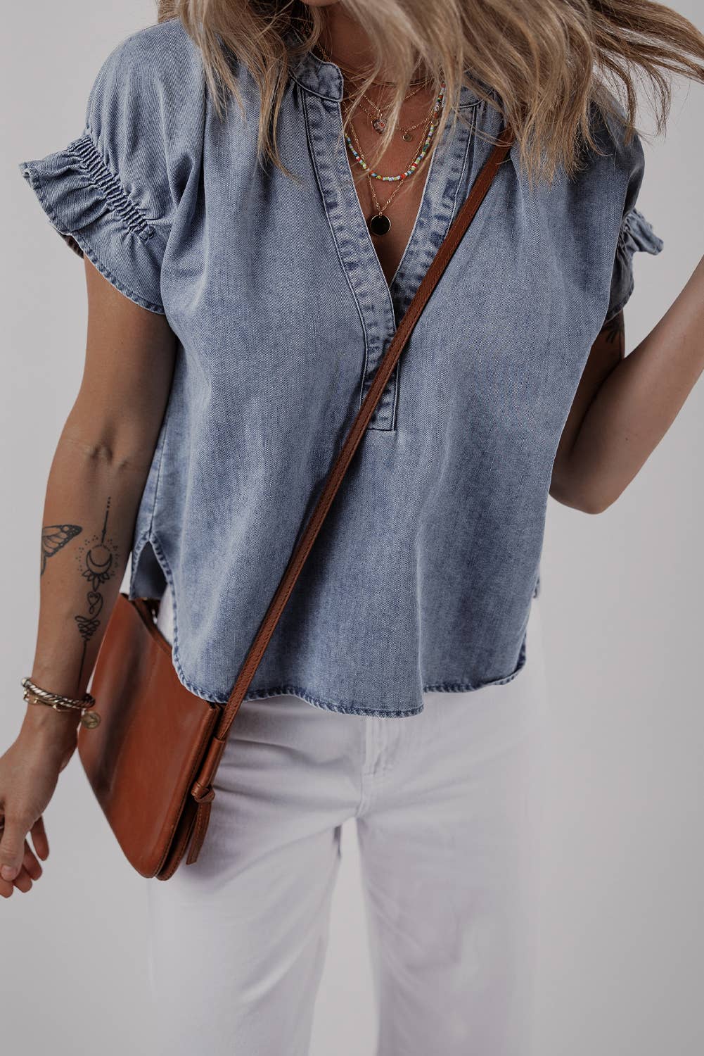 Ruffled Short Puff Sleeve Denim