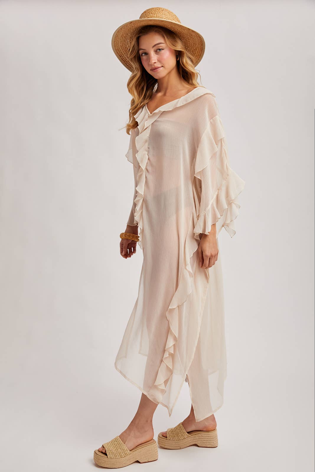 Sheer Dusty Rose Ruffled Kimono