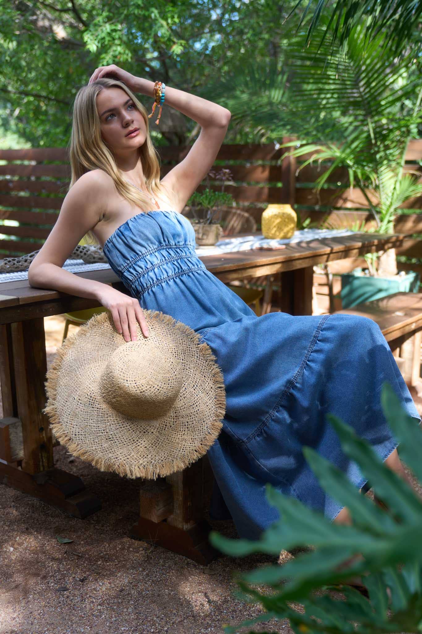 Strapless Denim Tiered Dress