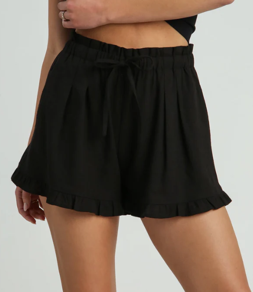 Linen Black Ruffle Shorts