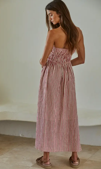 Red Woven Cotton Striped Midi Dress