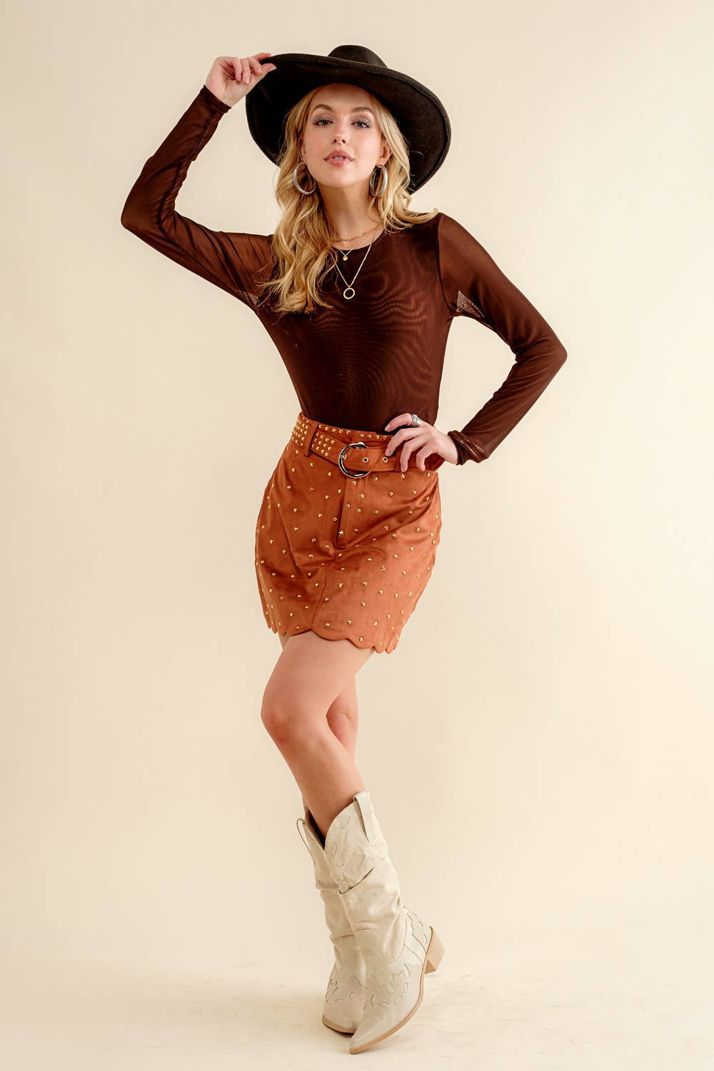 Suede Star Scallop Belted Western Mini Skirt