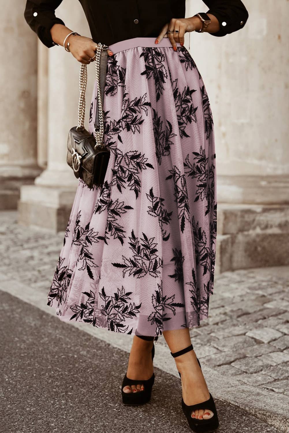 Tan Leaves Embroidered Maxi Skirt