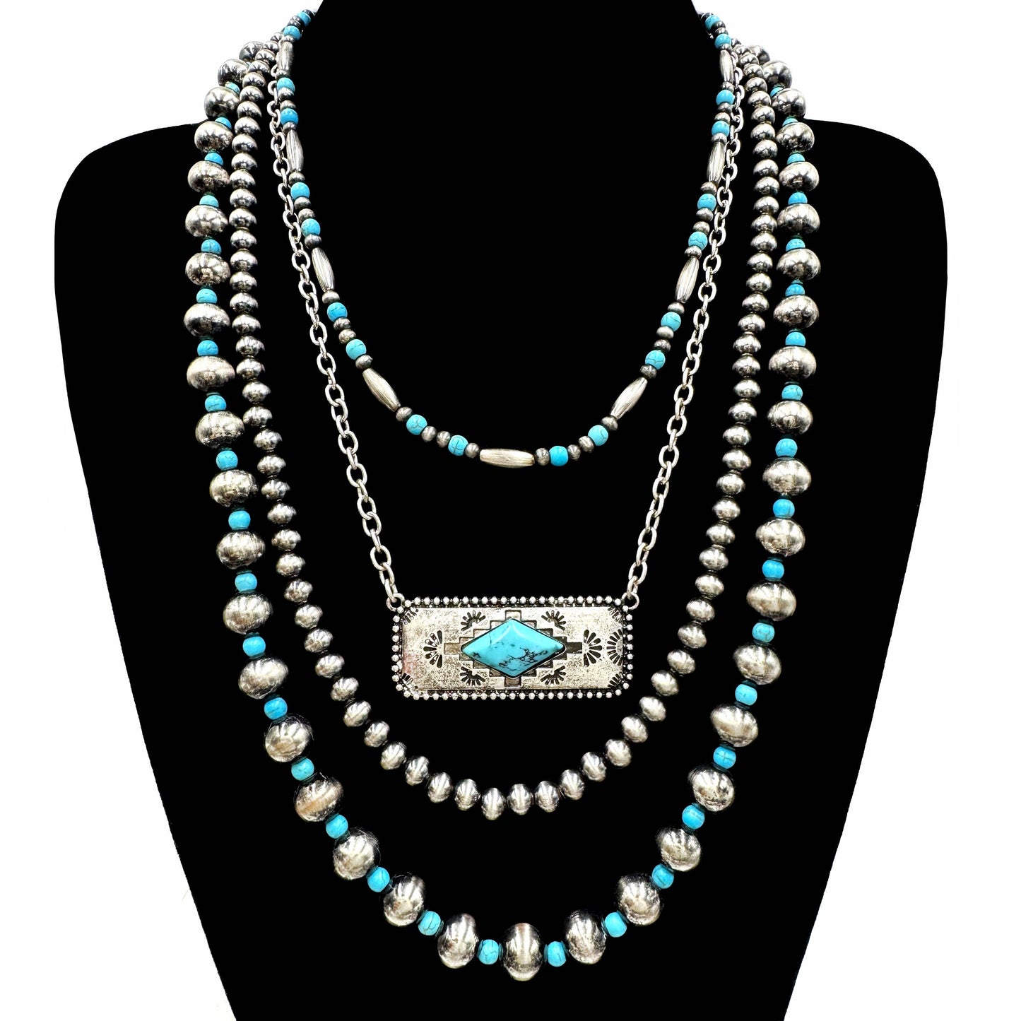 Navajo Bar Pendant Western Layered Beads Necklace