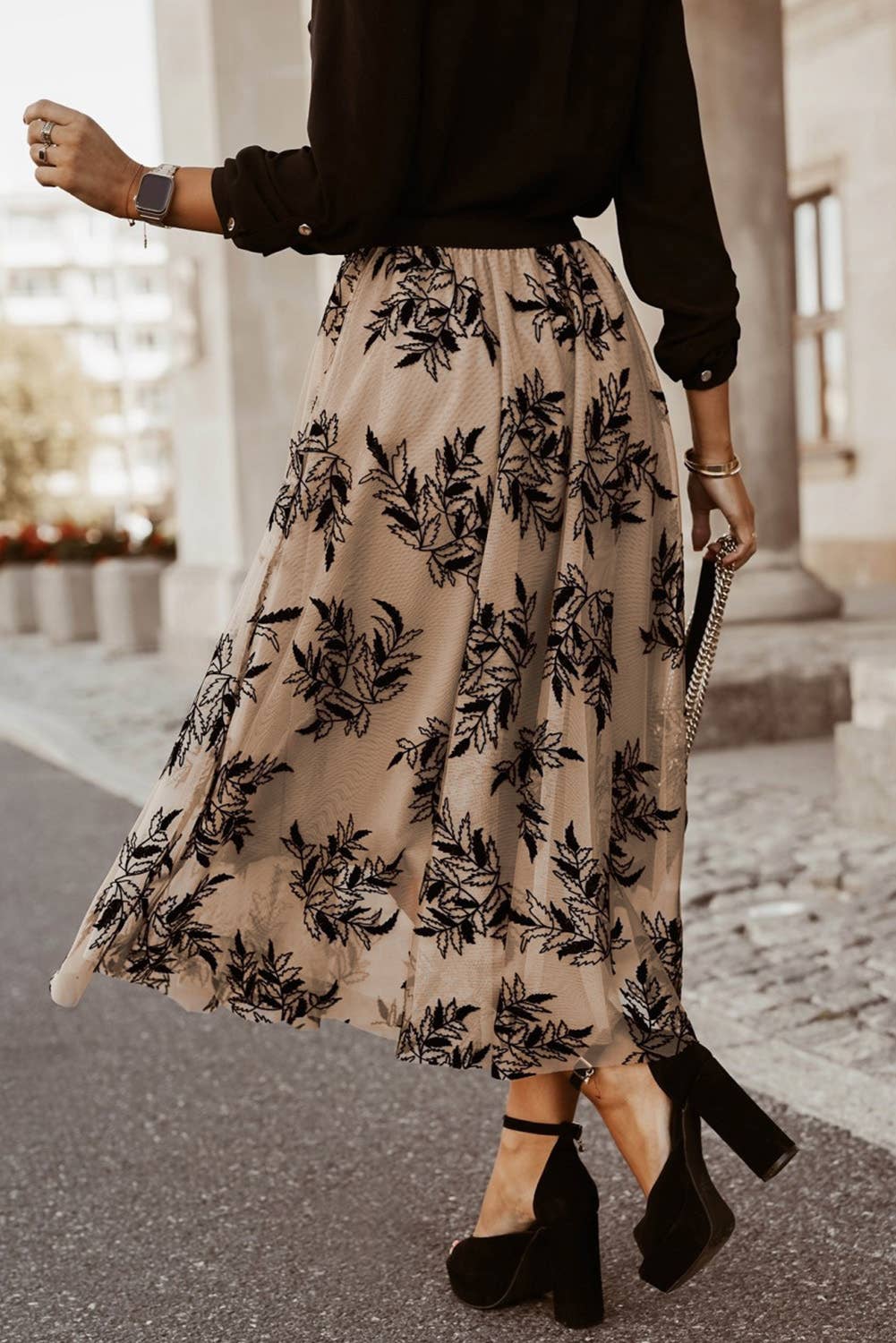 Tan Leaves Embroidered Maxi Skirt