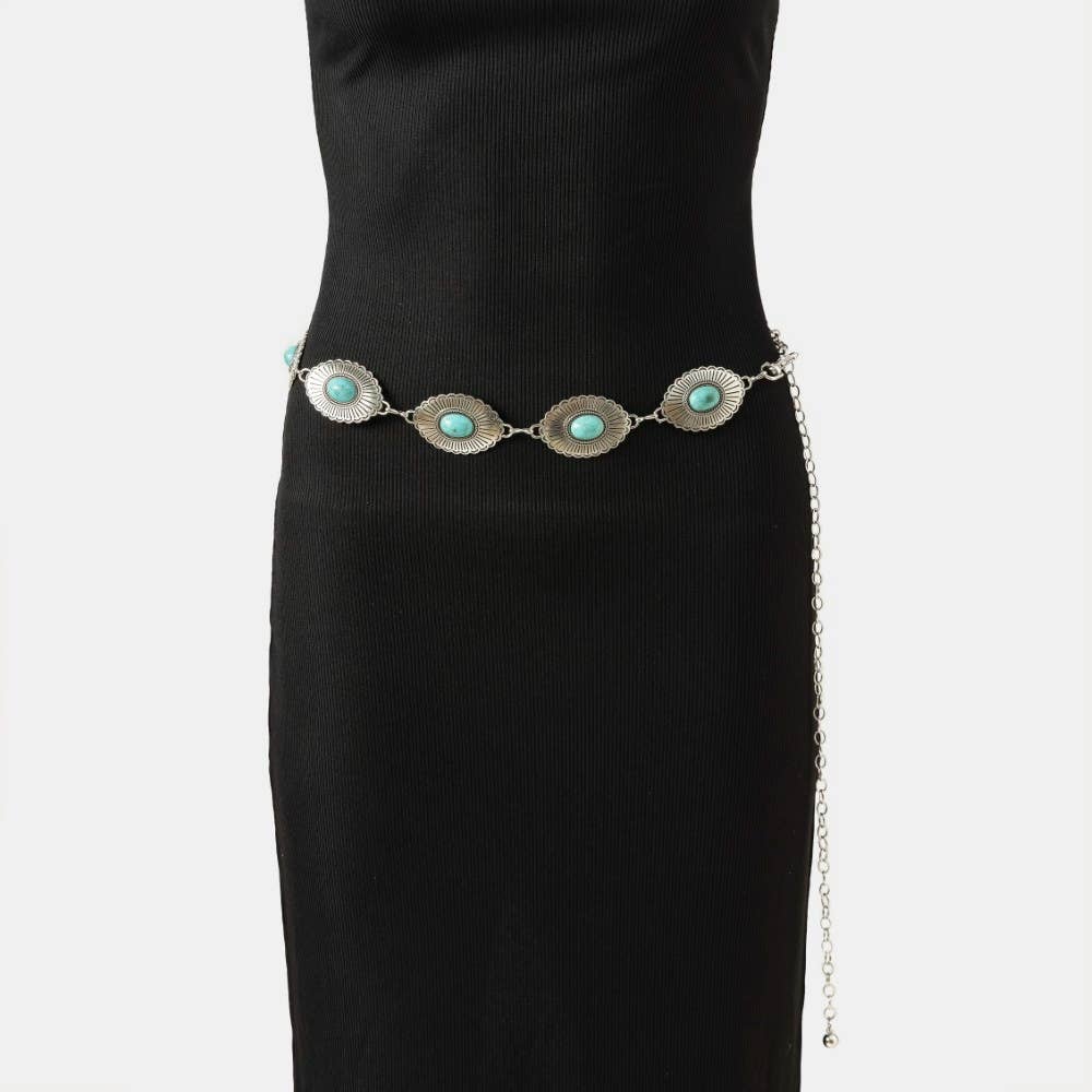 Western Floral Turquoise Concho Disc Chain Belt