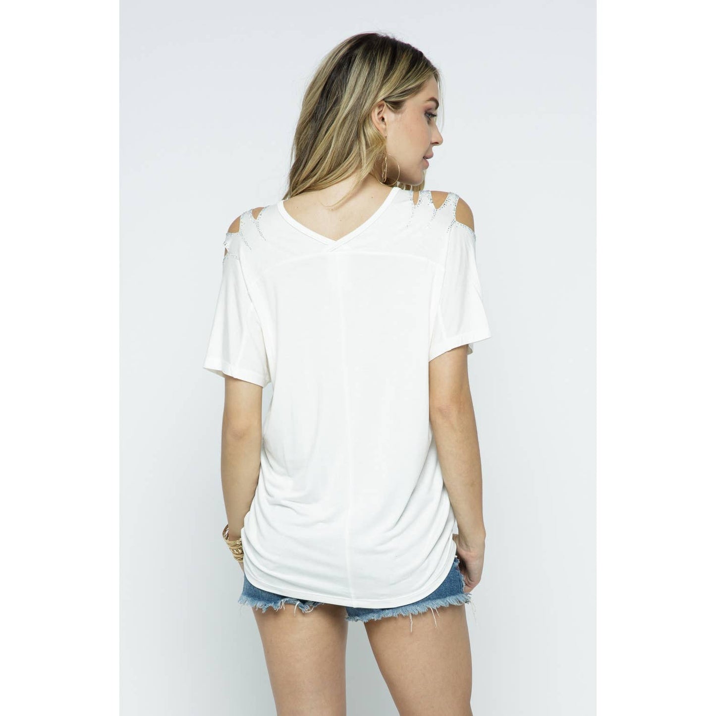 White Stone Cut Shoulder Top