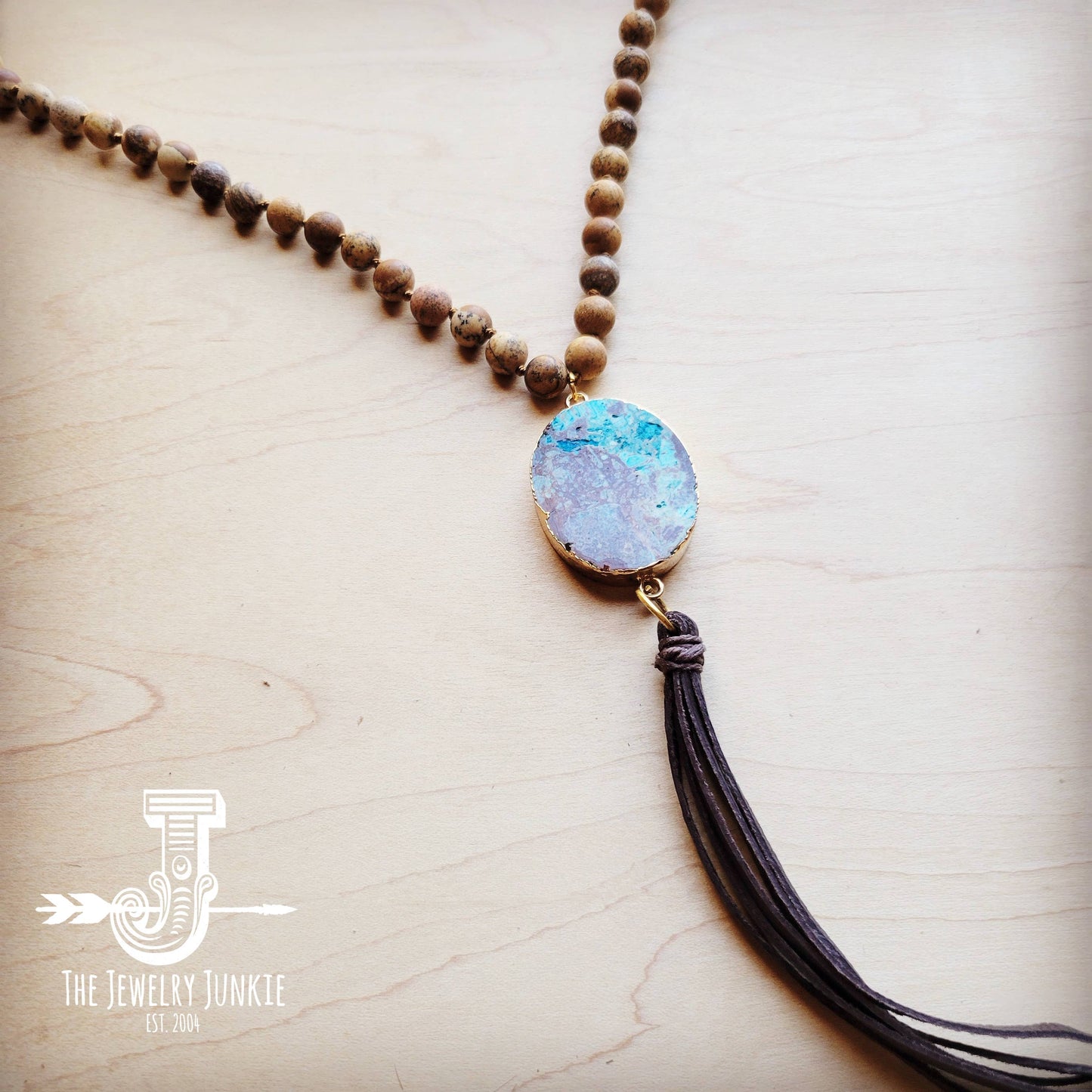 Bohemian Beaded Jasper Necklace with Ocean Agate Pendant 245