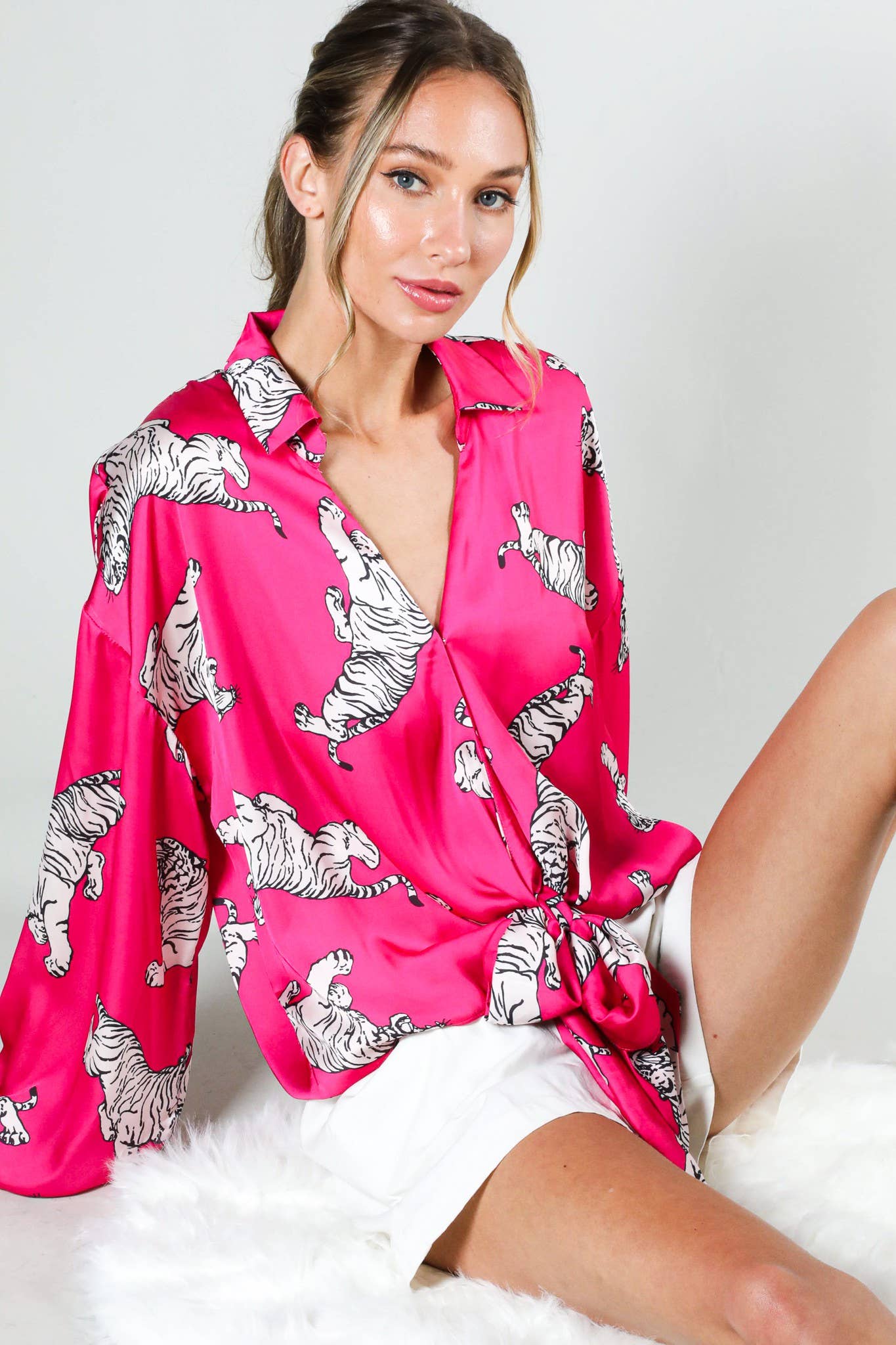 Tie Front Tiger Pink Satin