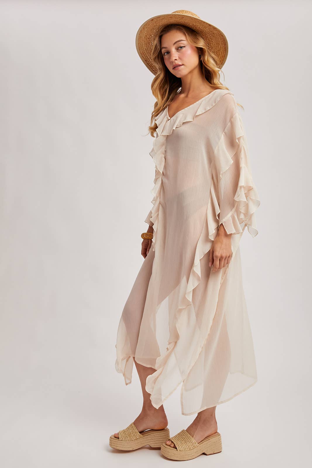 Sheer Dusty Rose Ruffled Kimono