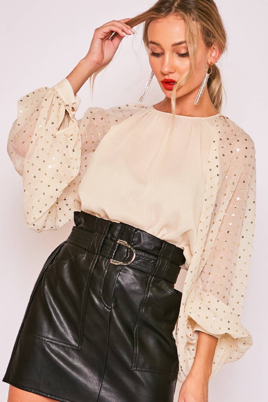 Sequin Long Balloon Sleeve Blouse