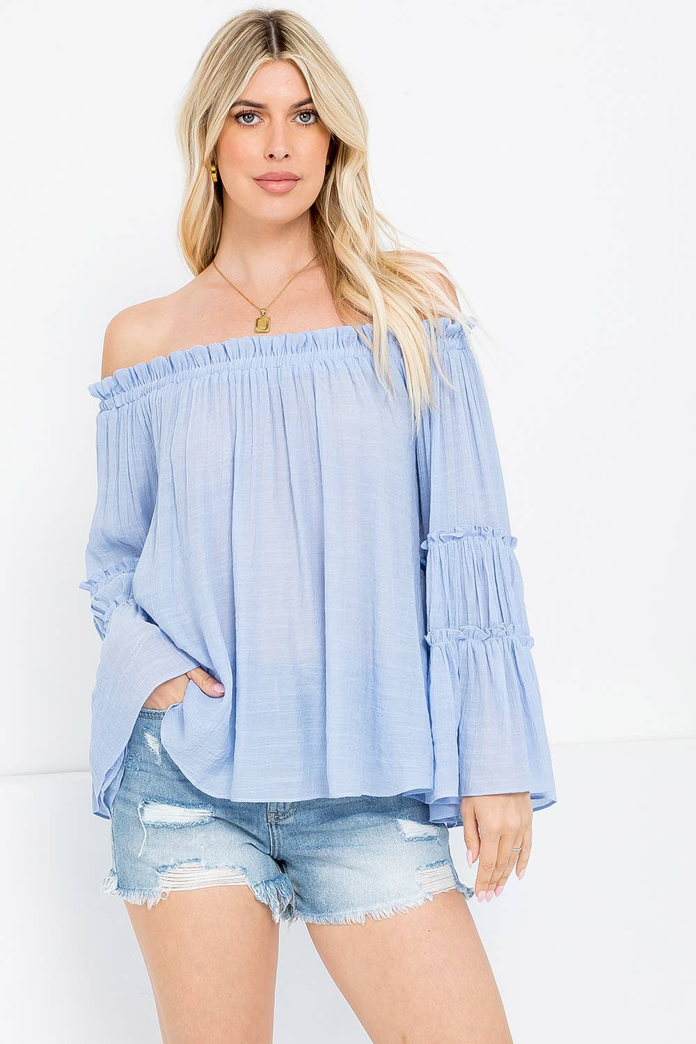 TIERED BELL SLEEVE OFF SHOULDER TOP