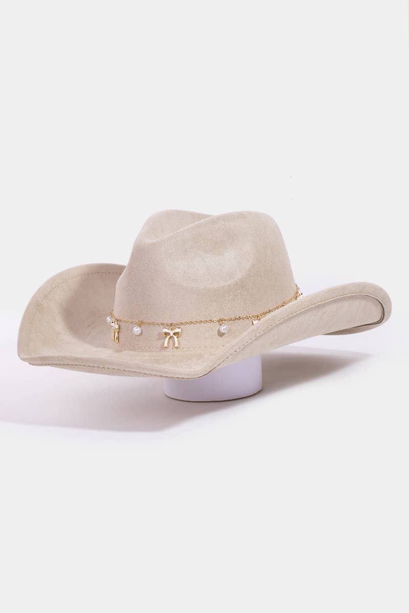 Ribbon Bow Pearl Chain Cowboy Hat