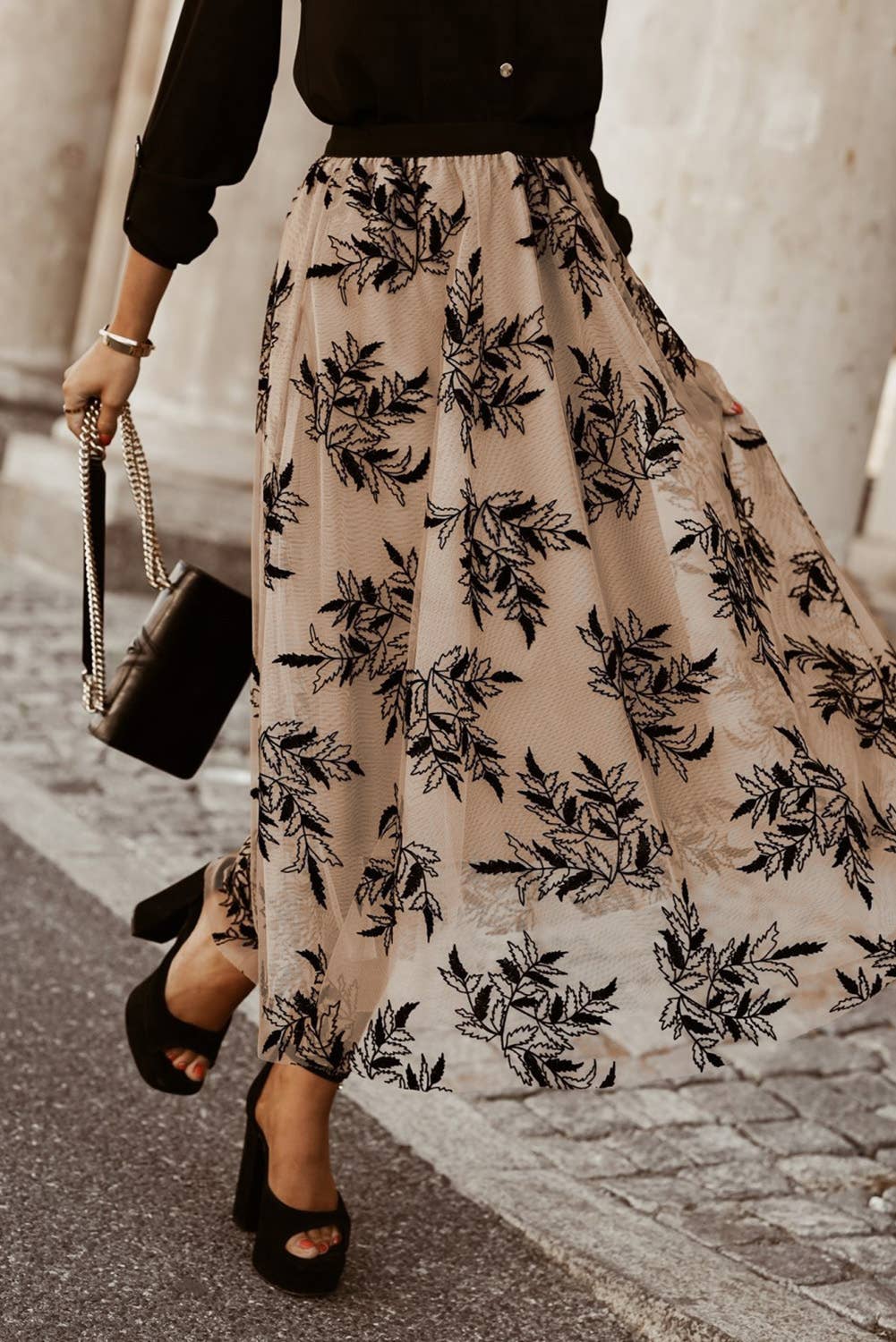 Tan Leaves Embroidered Maxi Skirt