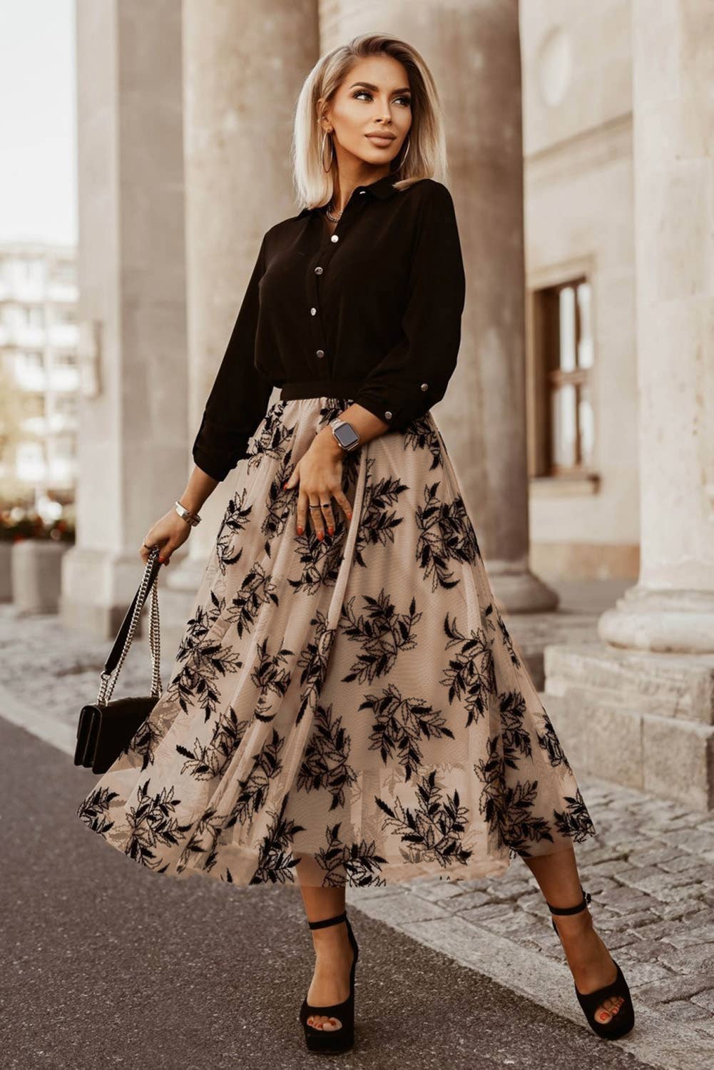 Tan Leaves Embroidered Maxi Skirt