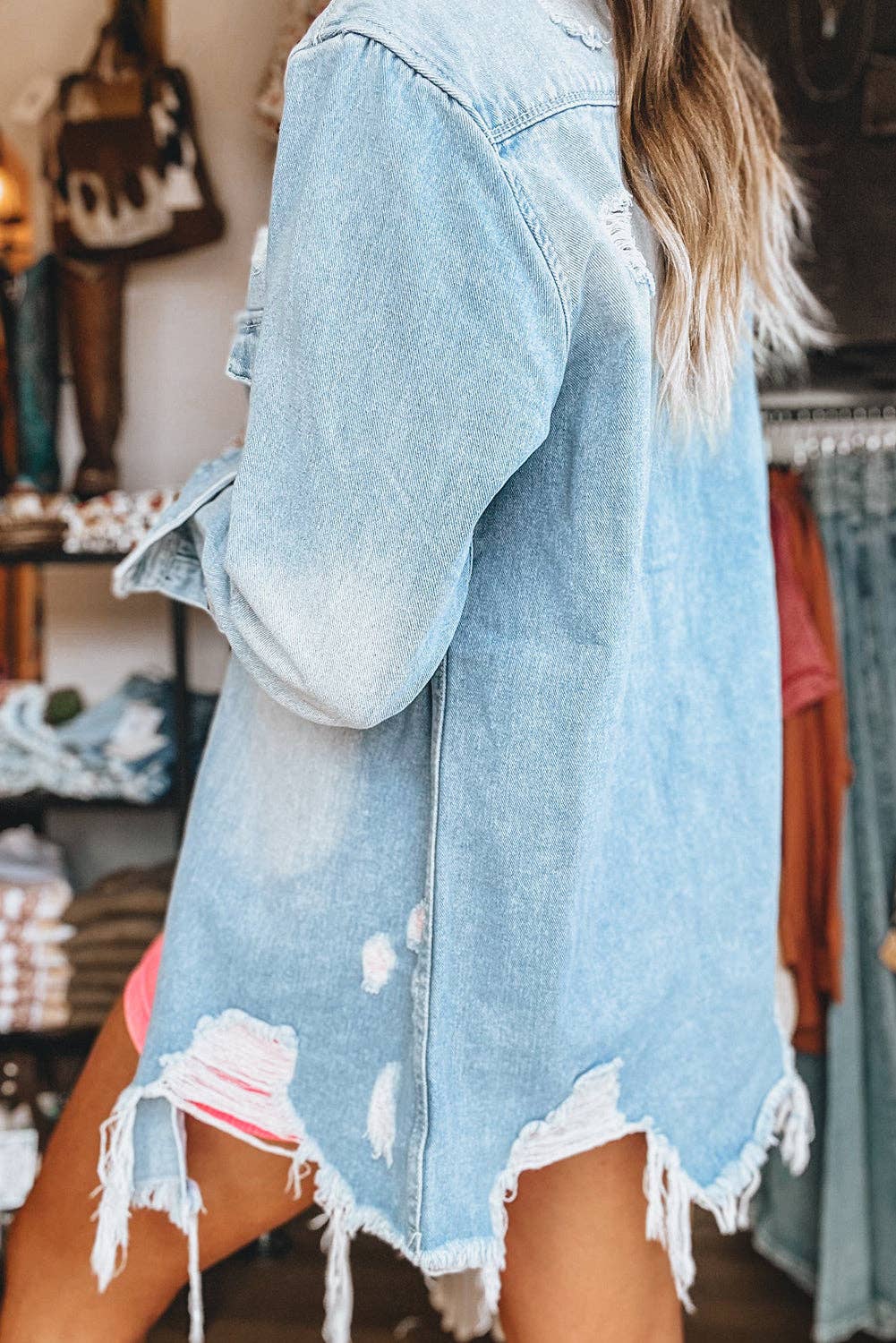 Mineral Wash Distressed Long Denim Jacket