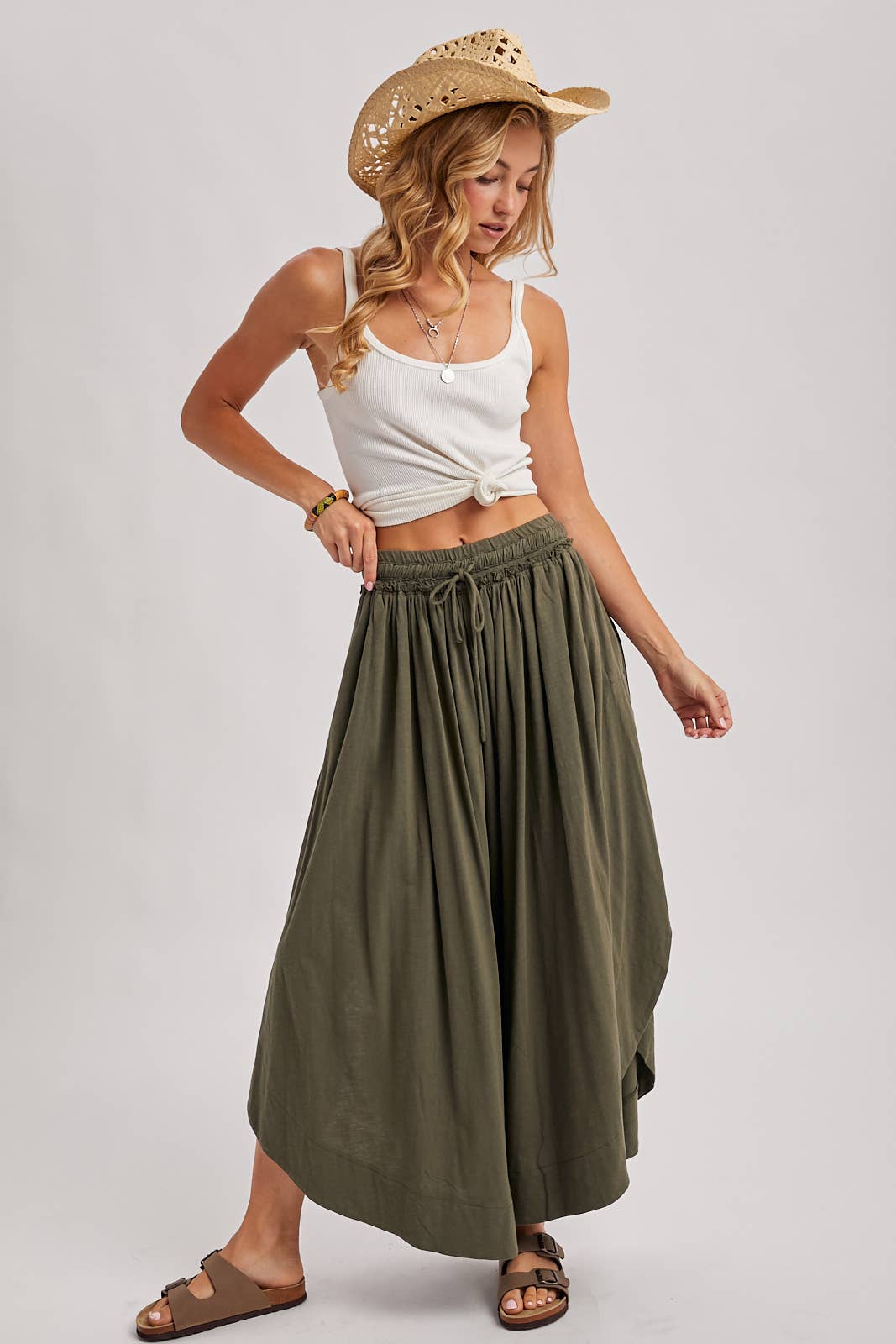 BOHEMIAN SIDE SLIT OLIVE WIDE LEG PANT