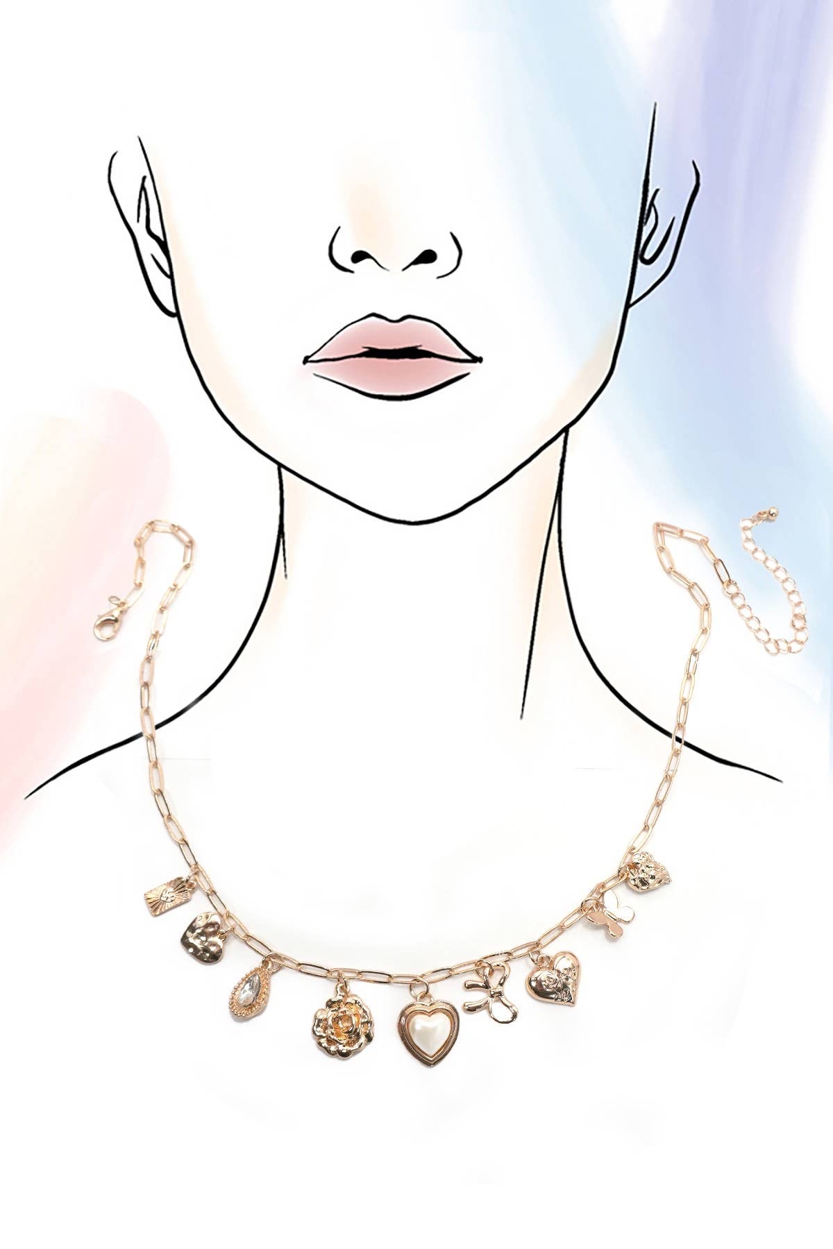 CHARM NECKLACE-HEART RHINESTONE FLOWER