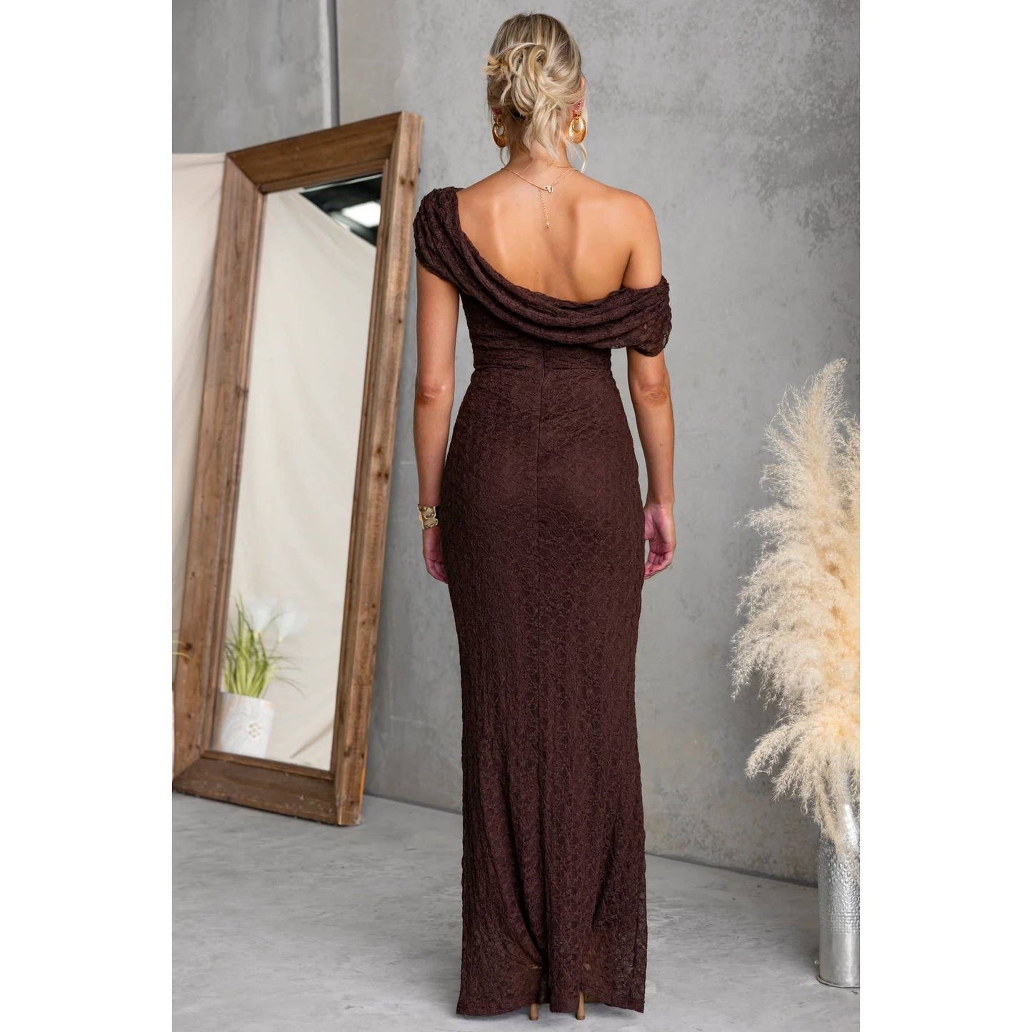 Chocolate One Shoulder Lace Maxi Dress