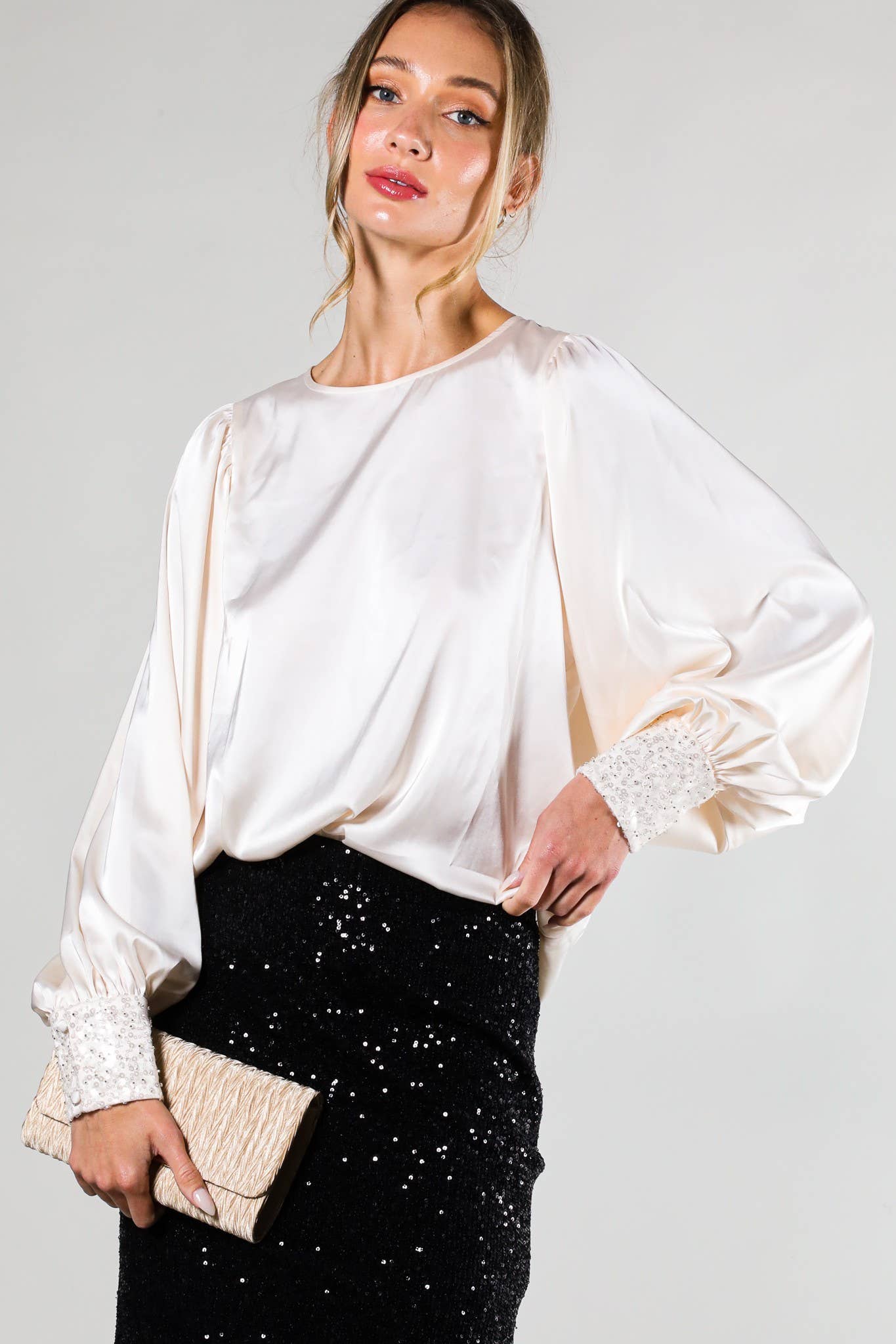 Sequin Sleeve Champagne Satin Blouse