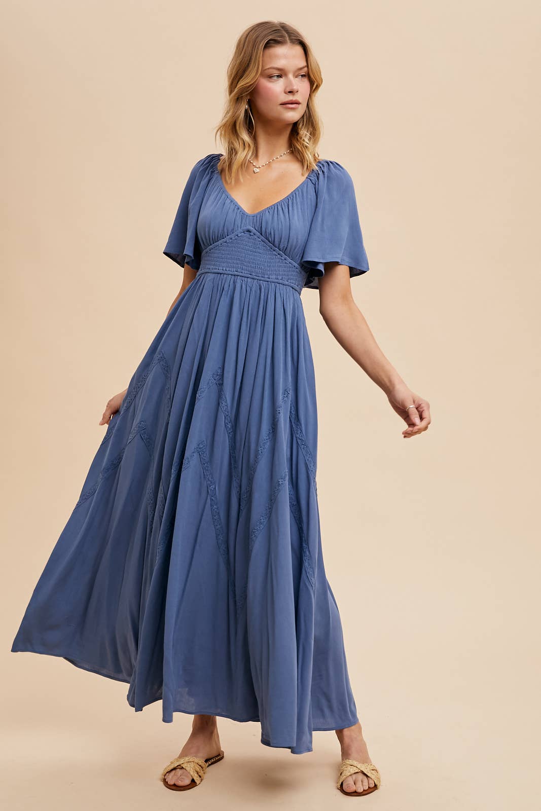 Blue Lace Overlay Flutter Sleeve Maxi