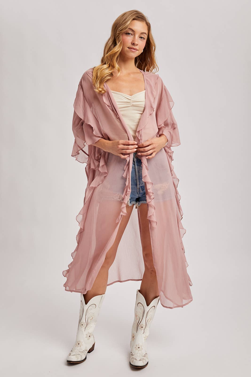 Sheer Dusty Rose Ruffled Kimono