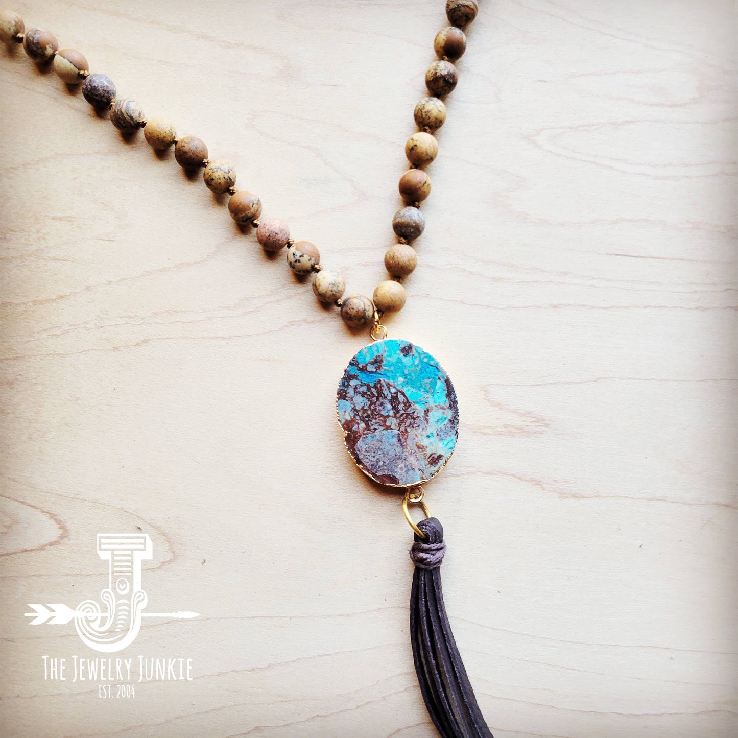 Bohemian Beaded Jasper Necklace with Ocean Agate Pendant 245