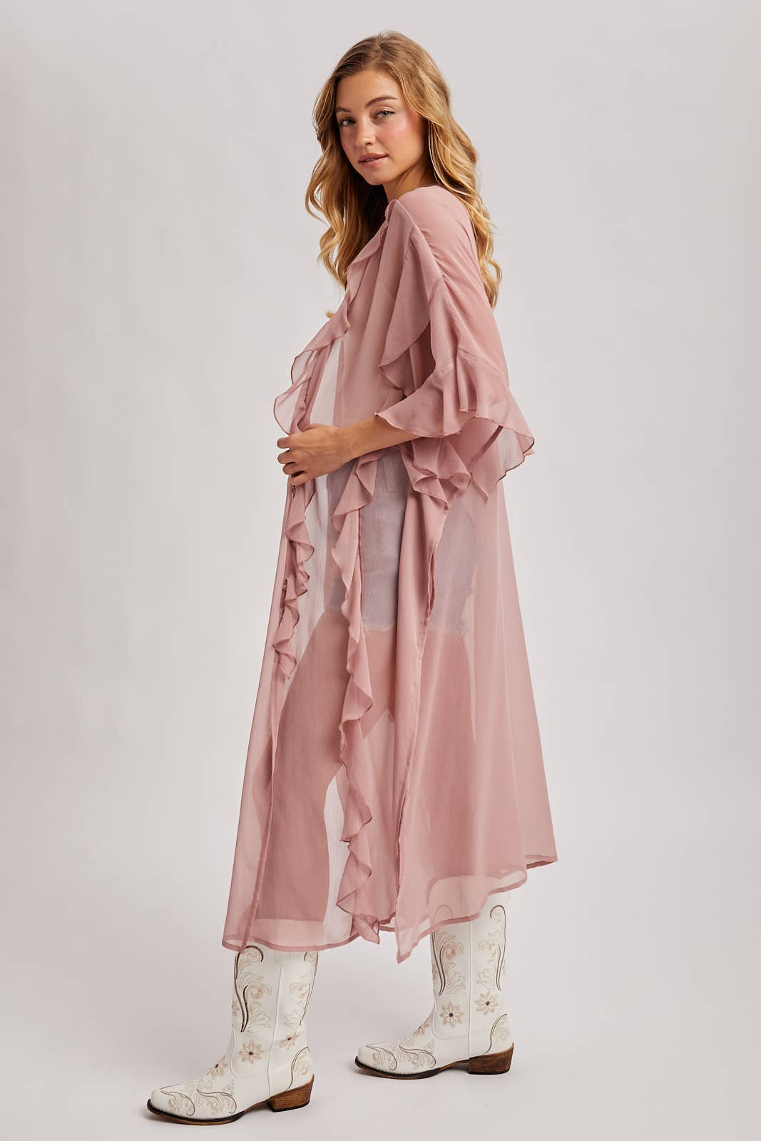 Sheer Dusty Rose Ruffled Kimono