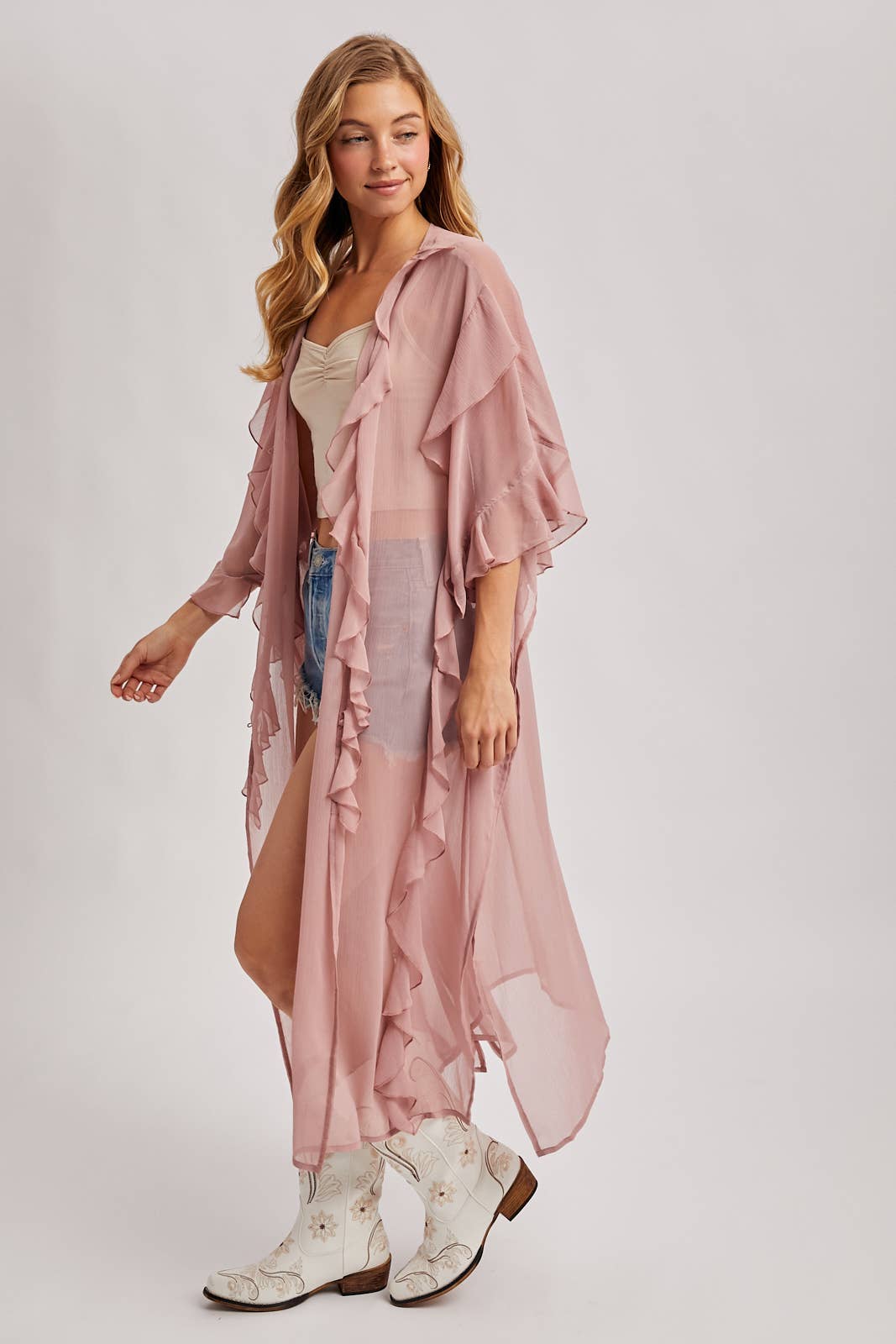 Sheer Dusty Rose Ruffled Kimono