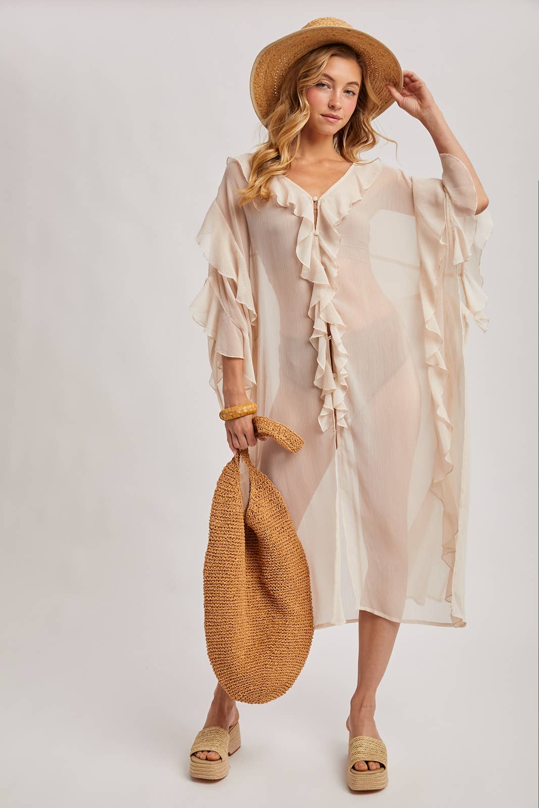 Sheer Dusty Rose Ruffled Kimono