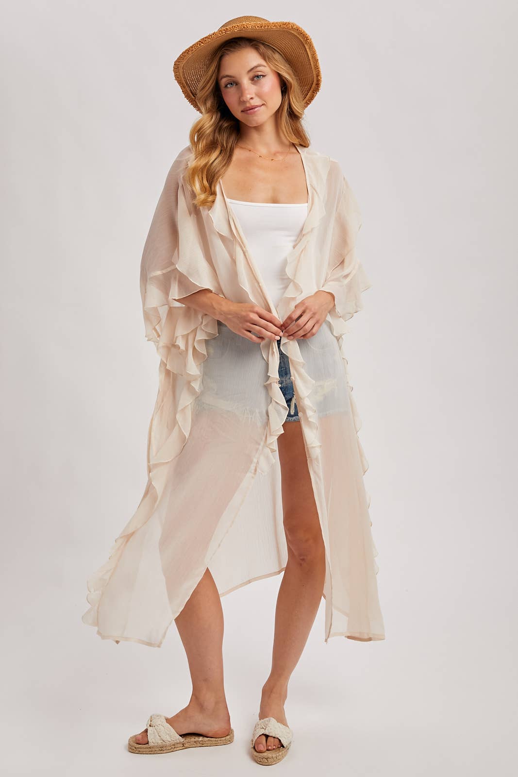 Sheer Dusty Rose Ruffled Kimono