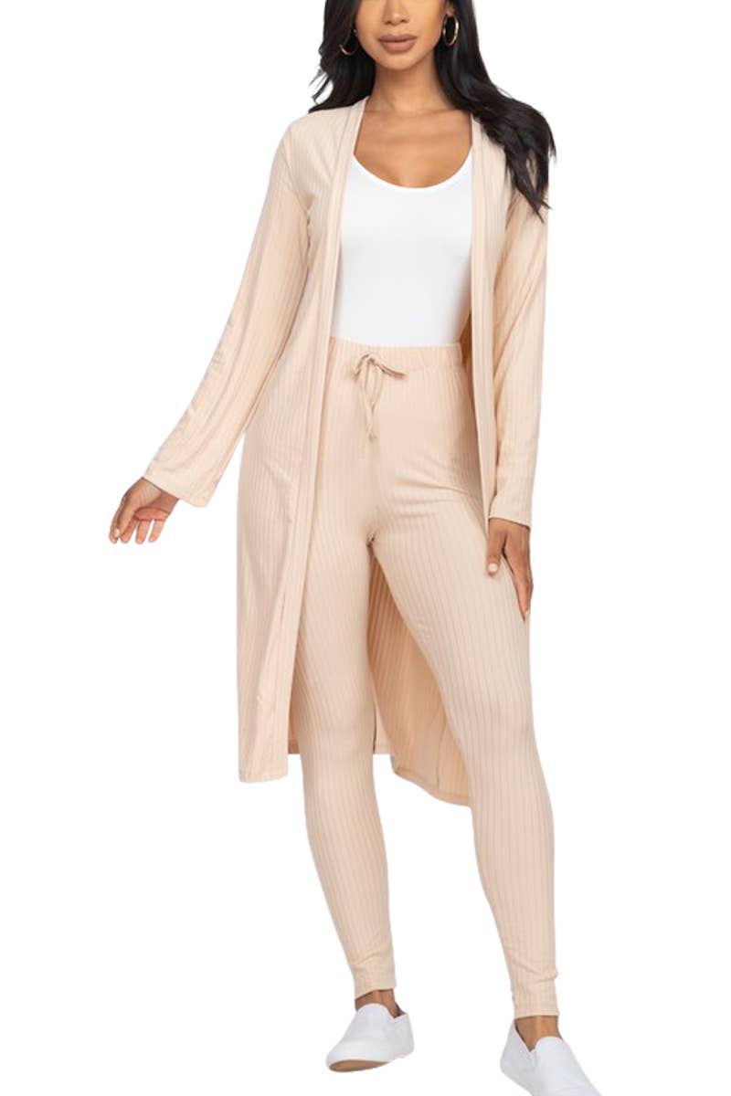 Taupe Ribbed Long Cardigan & Leggings Set