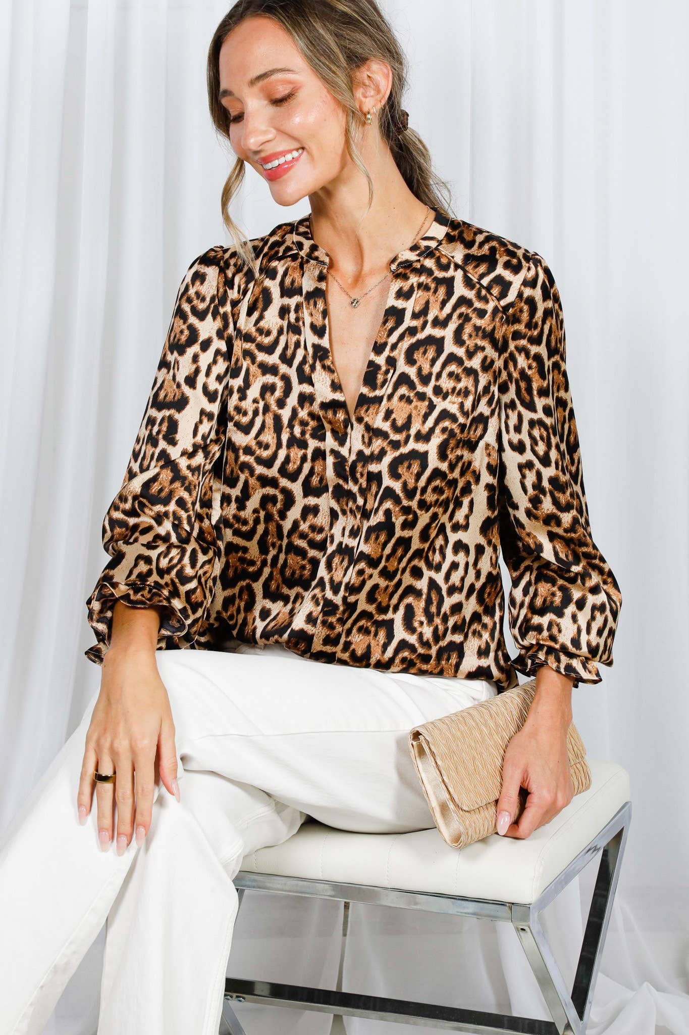 Henley Neckline Smocking Leopard Blouse
