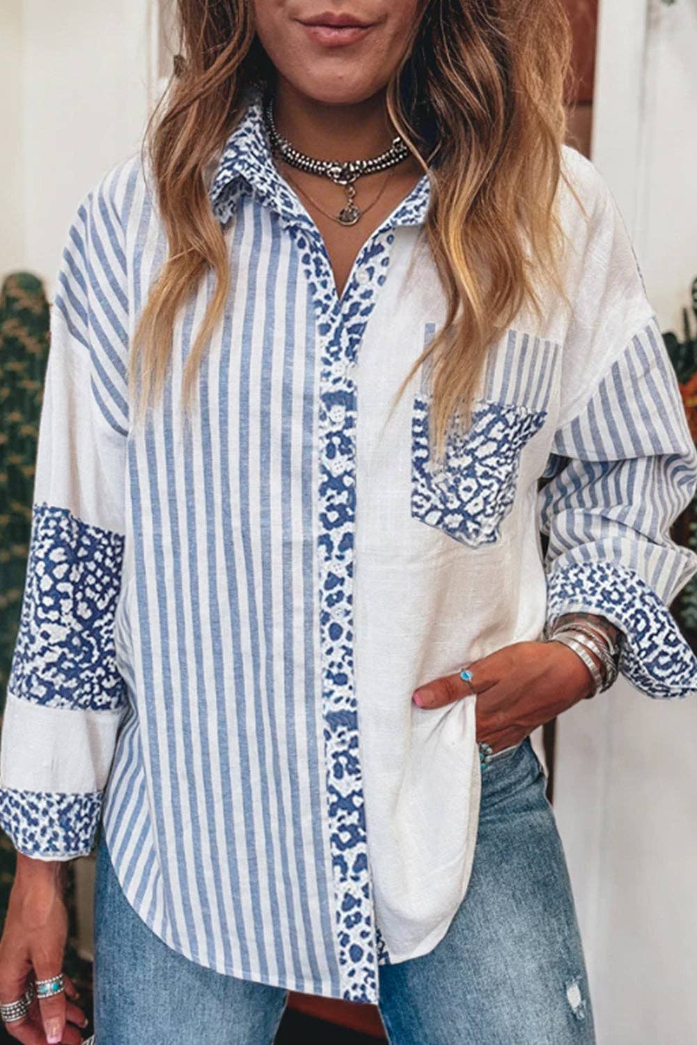Blue Leopard Striped Western Shirt