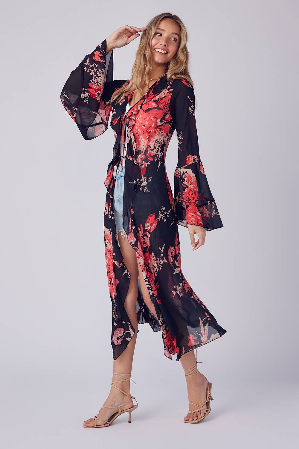 Floral Print Ruffle Kimono