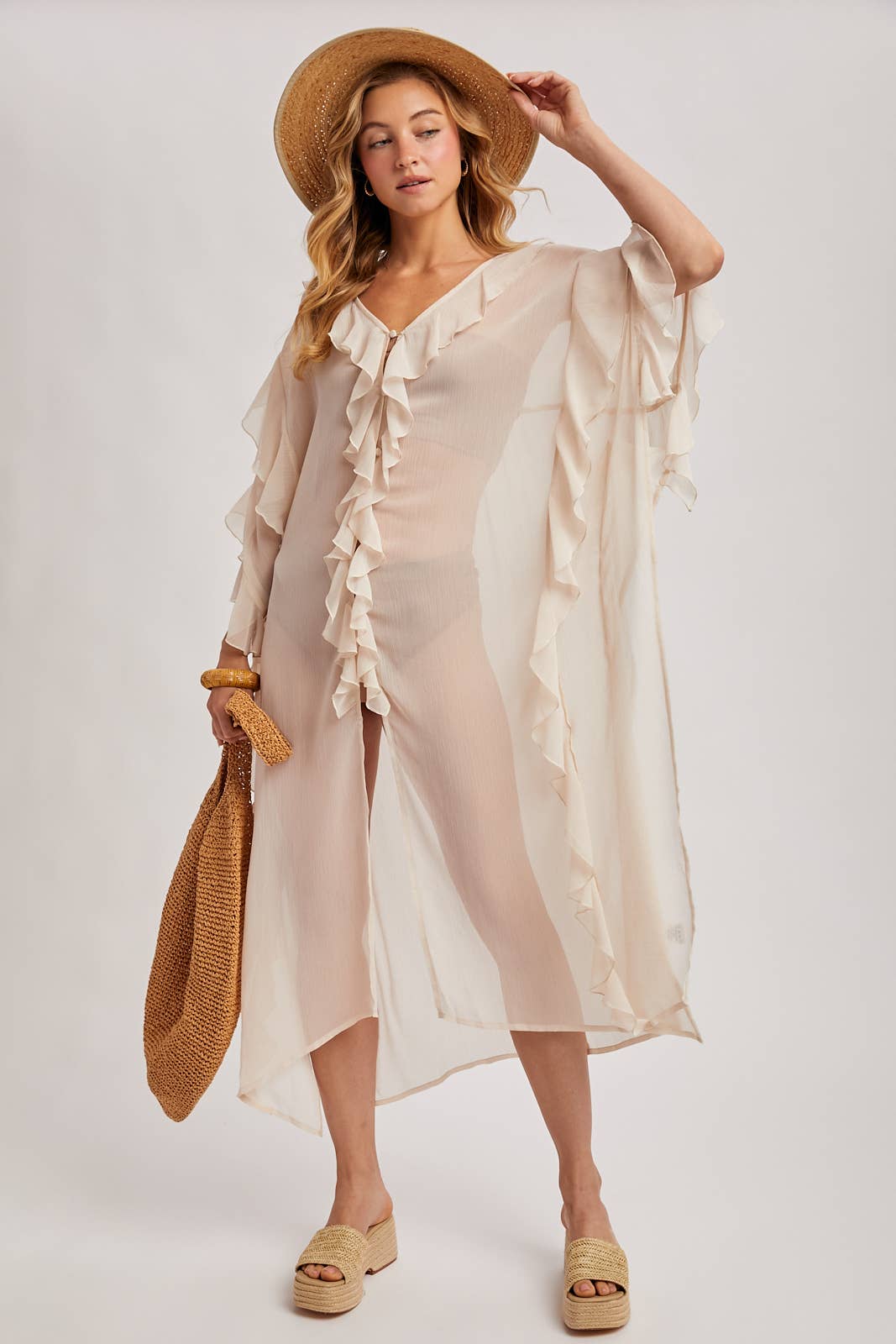 Sheer Dusty Rose Ruffled Kimono