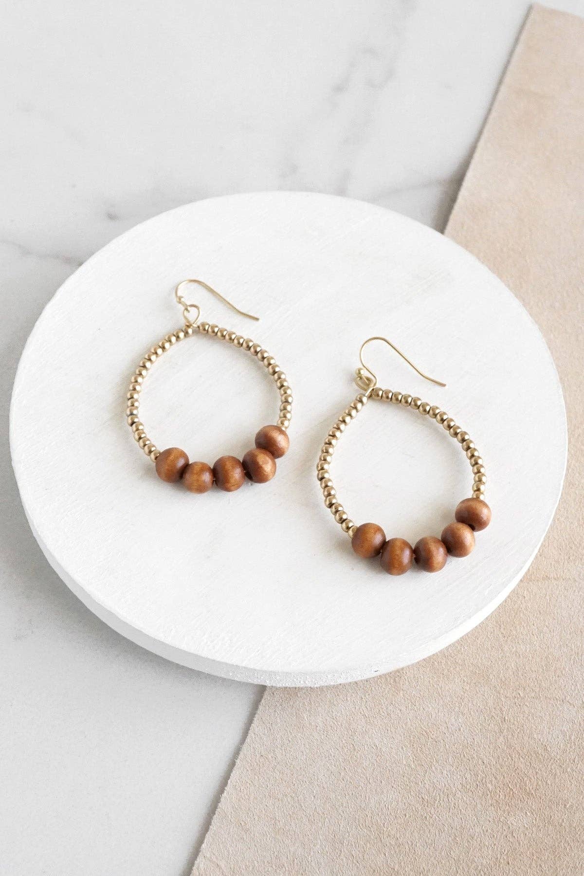 Natural Wood & Gold Beaded Teardrop Earrings