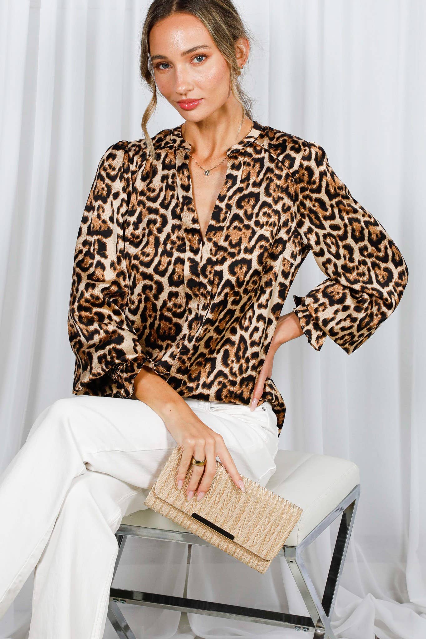 Henley Neckline Smocking Leopard Blouse