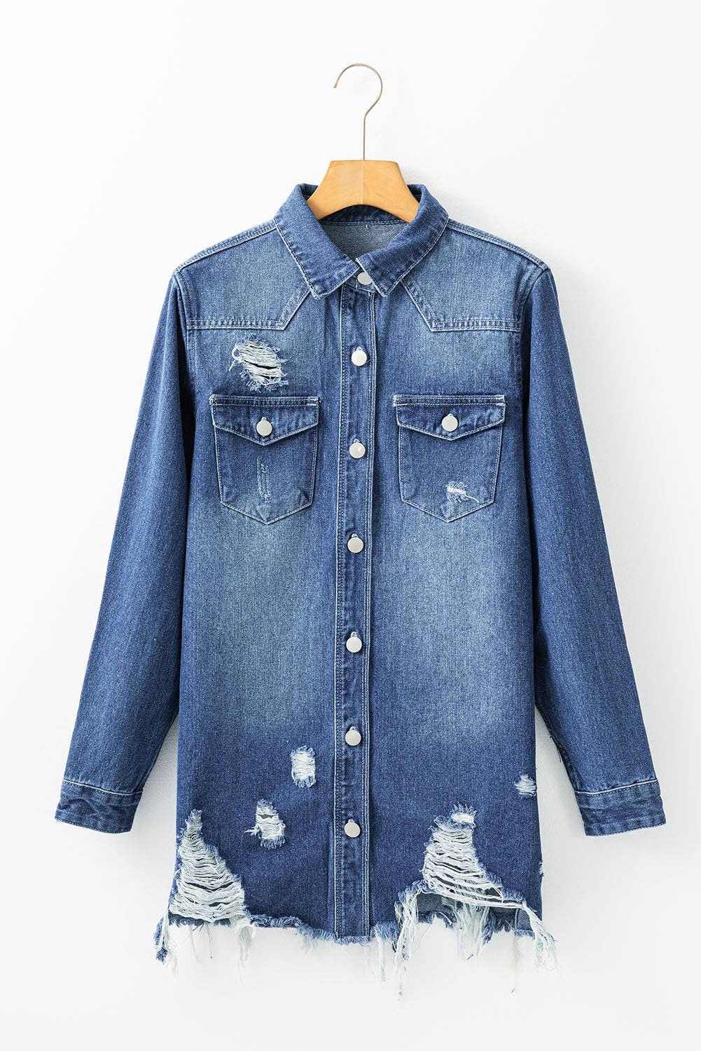 Mineral Wash Distressed Long Denim Jacket