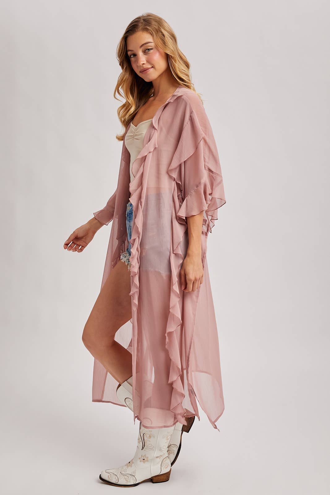 Sheer Dusty Rose Ruffled Kimono