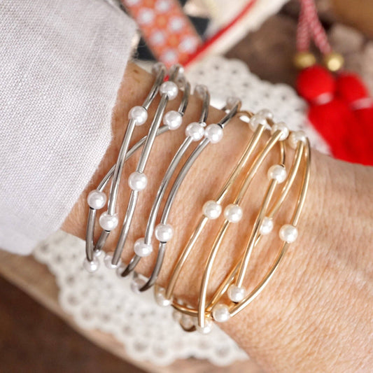 Pearls and Gold Silver Tubes classic bracelets