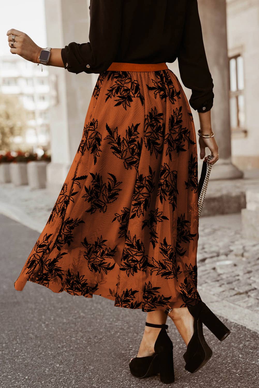 Tan Leaves Embroidered Maxi Skirt