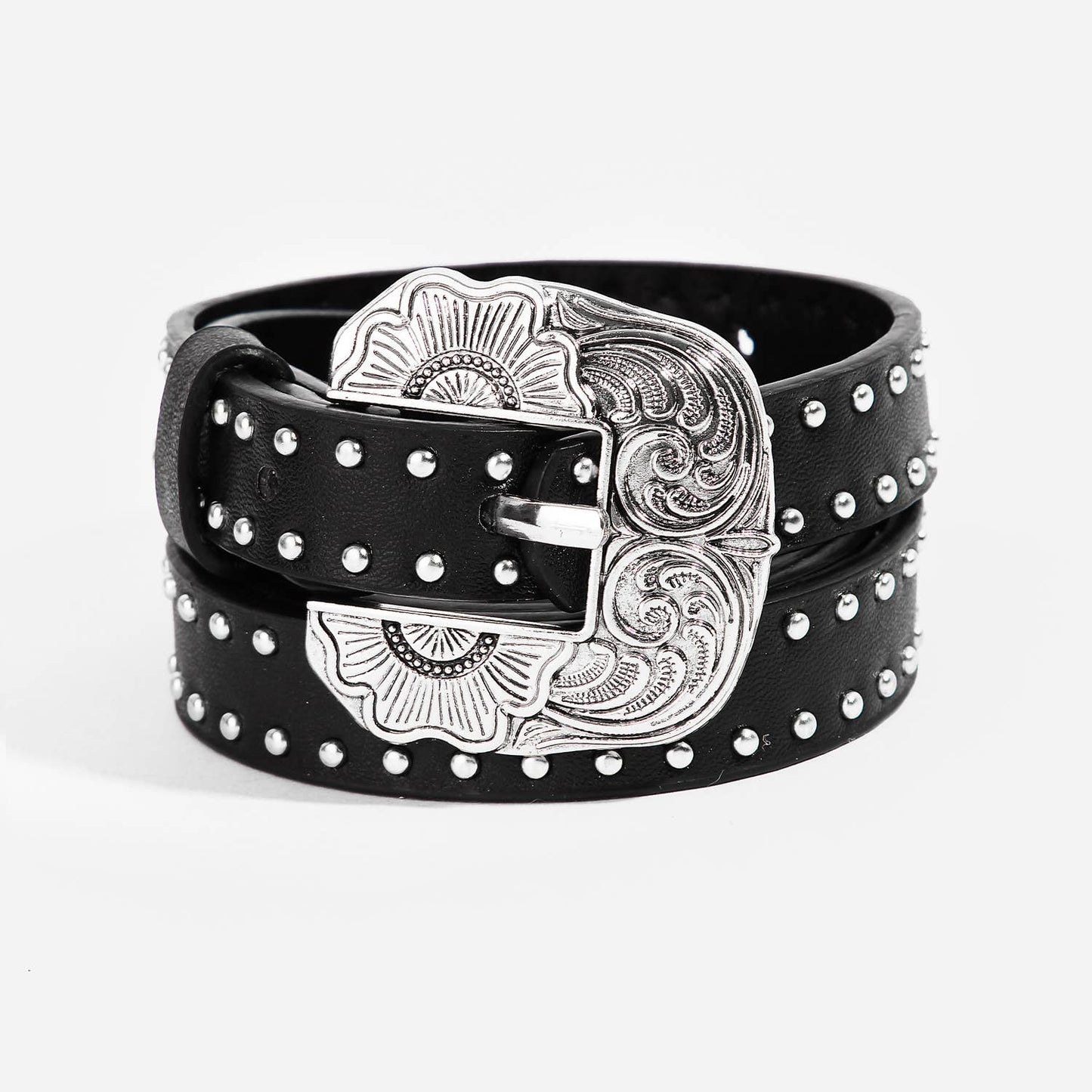 Studded Faux Leather Ornate Buckle Belt