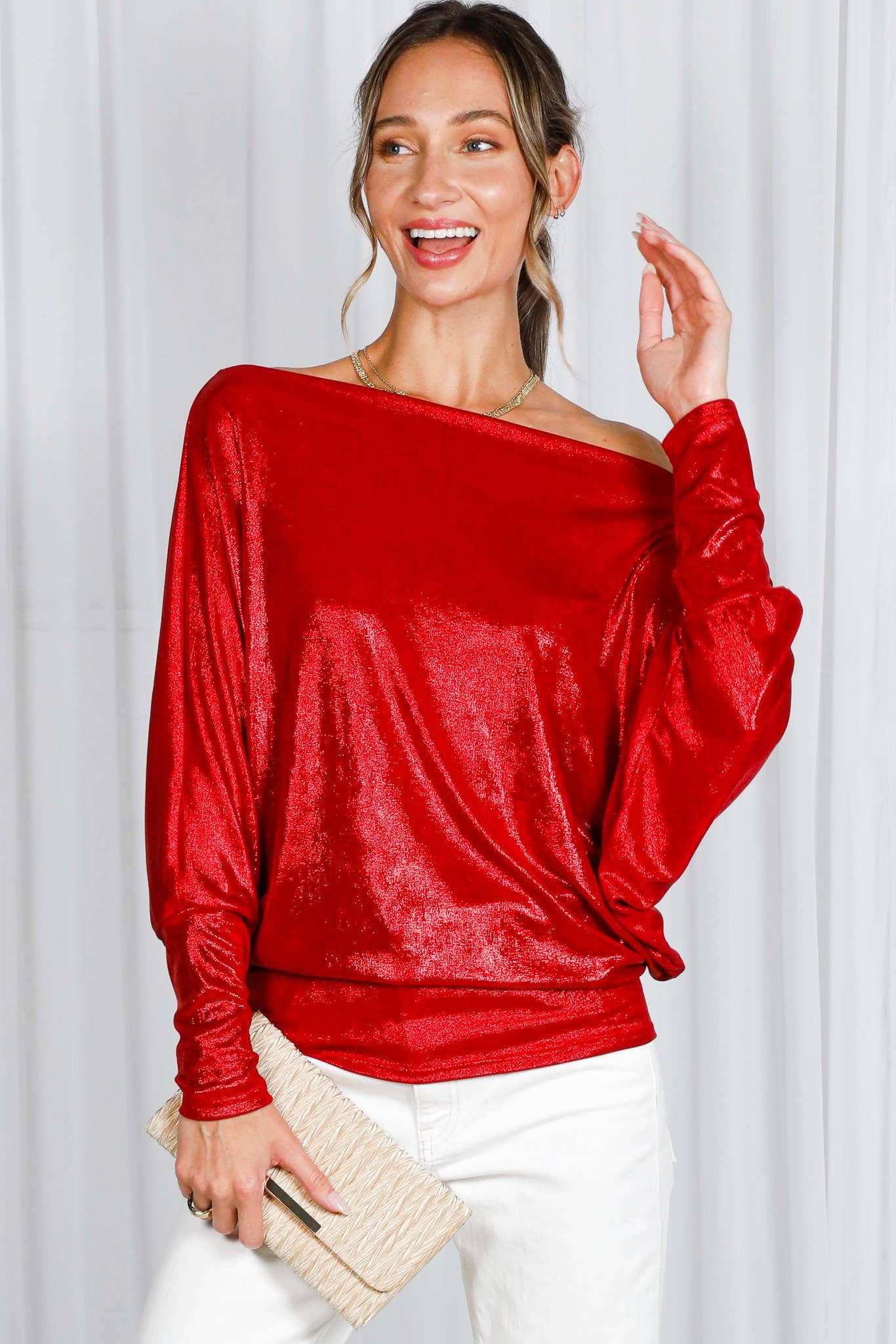 Dolman Long-Sleeve Metallic Foil Knit Top VT82585