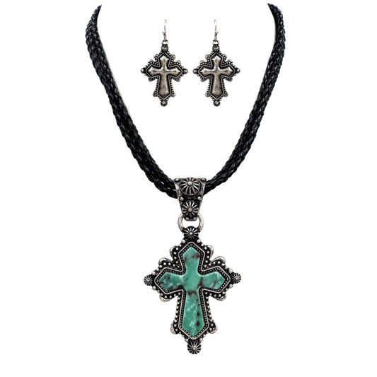 Weave Leather Necklace Set Turquoise Cross Pendant