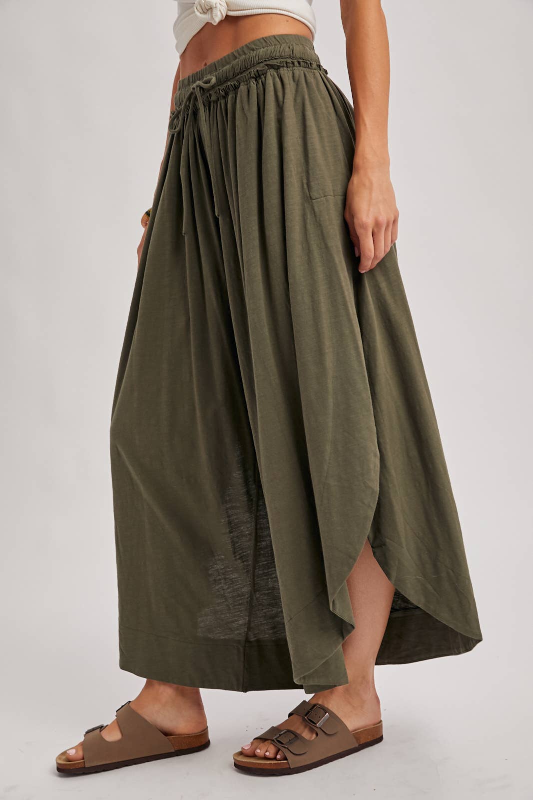 BOHEMIAN SIDE SLIT OLIVE WIDE LEG PANT