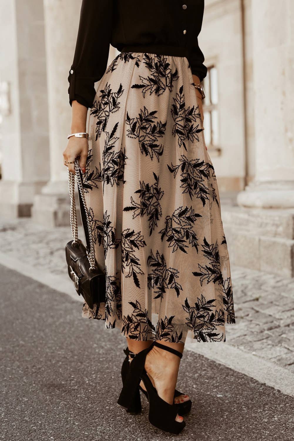 Tan Leaves Embroidered Maxi Skirt