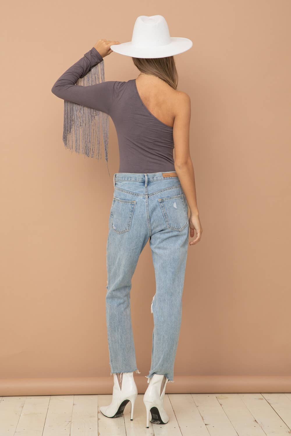 Rayon Span One Shoulder Fringe Bodysuit