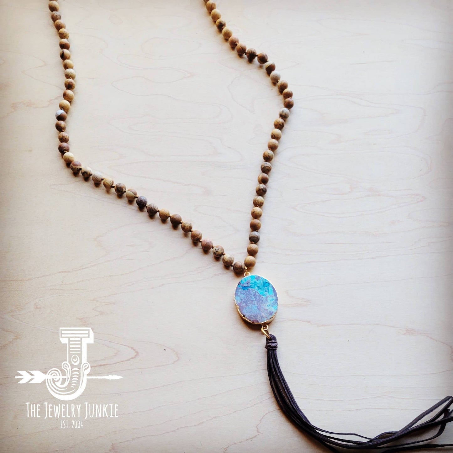 Bohemian Beaded Jasper Necklace with Ocean Agate Pendant 245