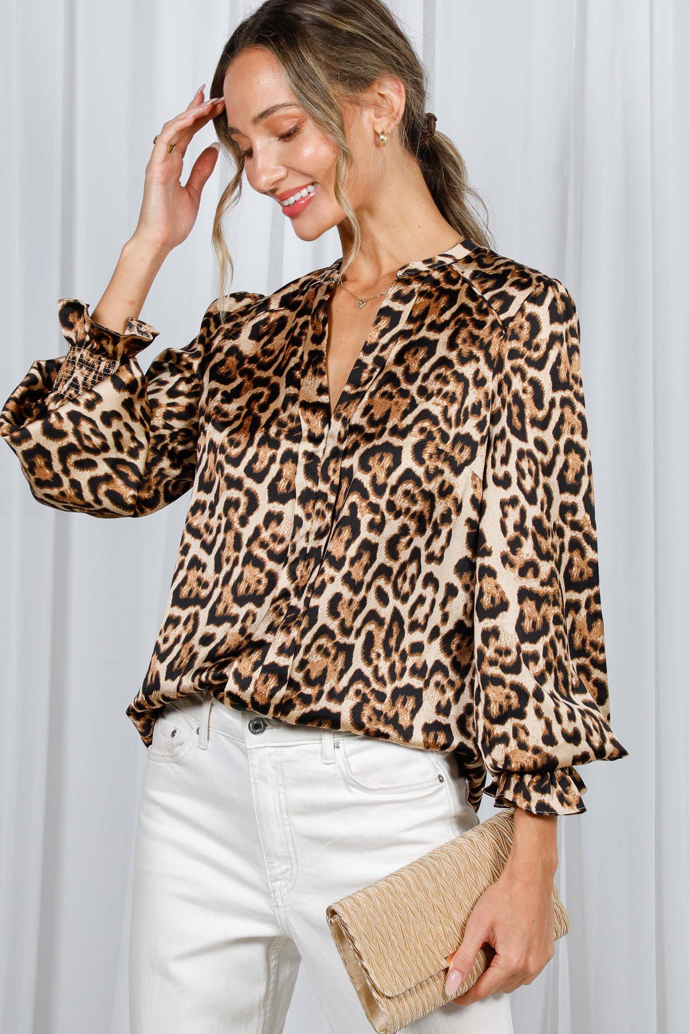 Henley Neckline Smocking Leopard Blouse